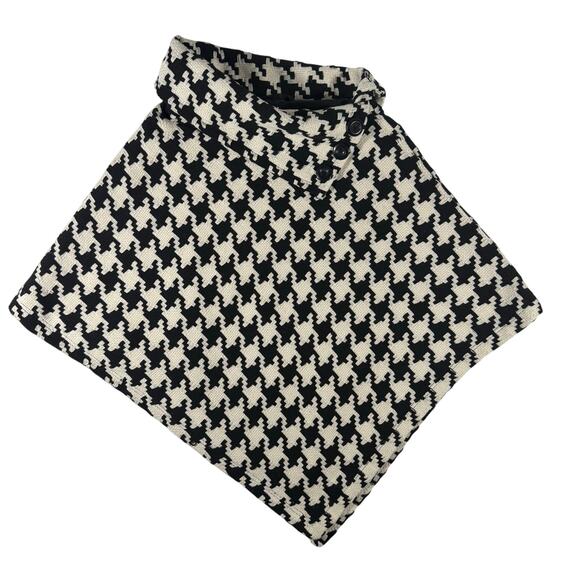Last Kiss Black White Houndstooth Wool Lined Poncho Cape Cowl Neck Chic XL - Picture 2 of 8